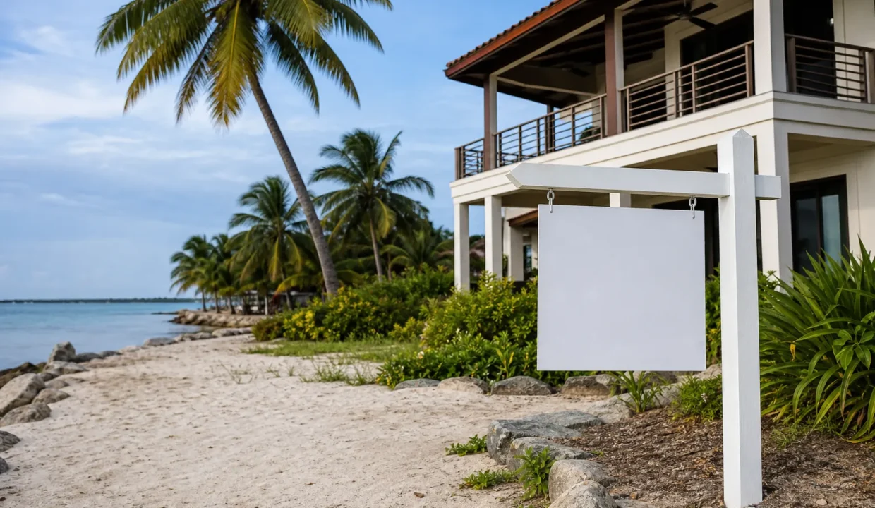 Real estate listing sign on a Belize residential property