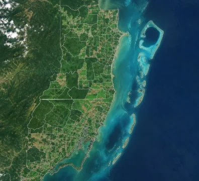 Aerial view of Belize showing land parcels and districts from coast to inland regions