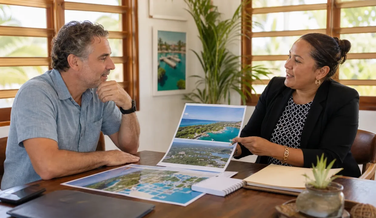 A foreign buyer reviewing documents with a real estate agent in a Belize office