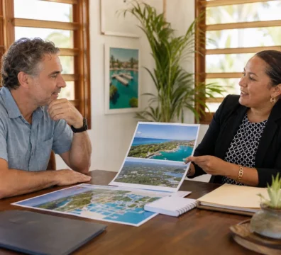 A foreign buyer reviewing documents with a real estate agent in a Belize office