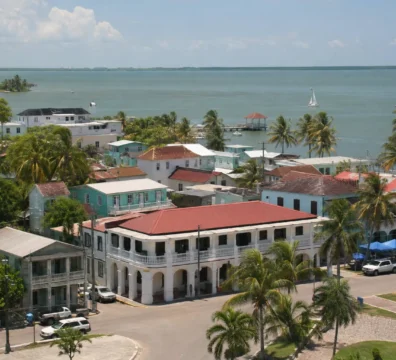Corozal Town waterfront with colonial buildings and bay access